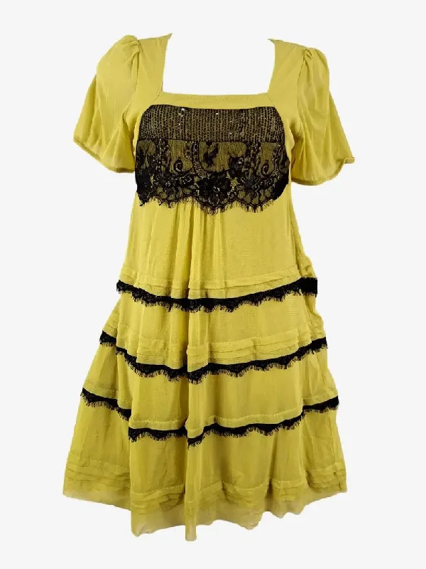 Johnston Bell Mustard Mesh Lacey Mini Dress Size 8 Elegant Satin Lace Mini Dress