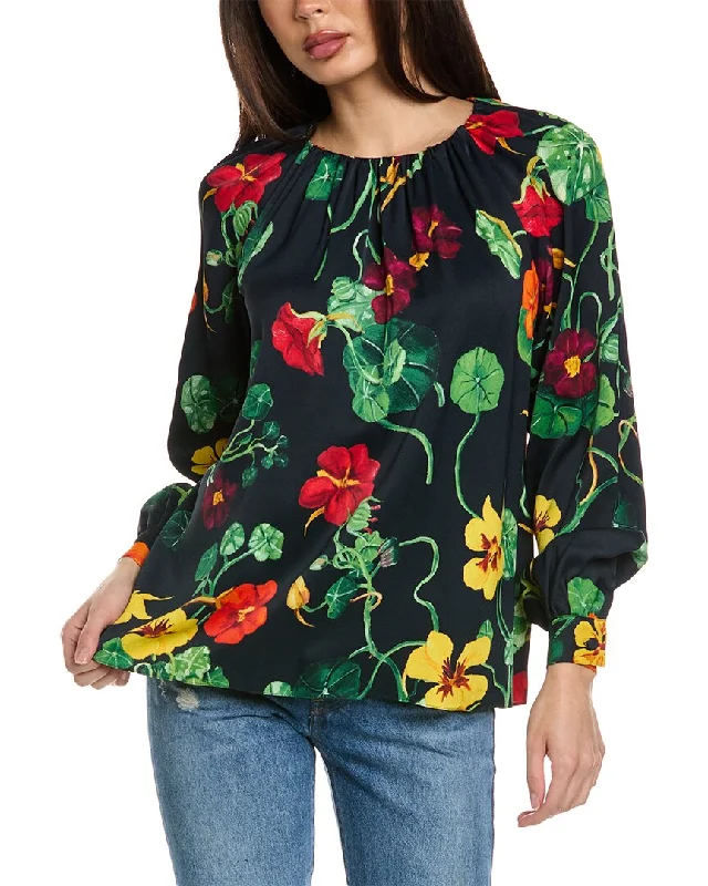 Oscar De La Renta Nasturtium Satin Back Crepe Blouse Elegant Silk Blouse