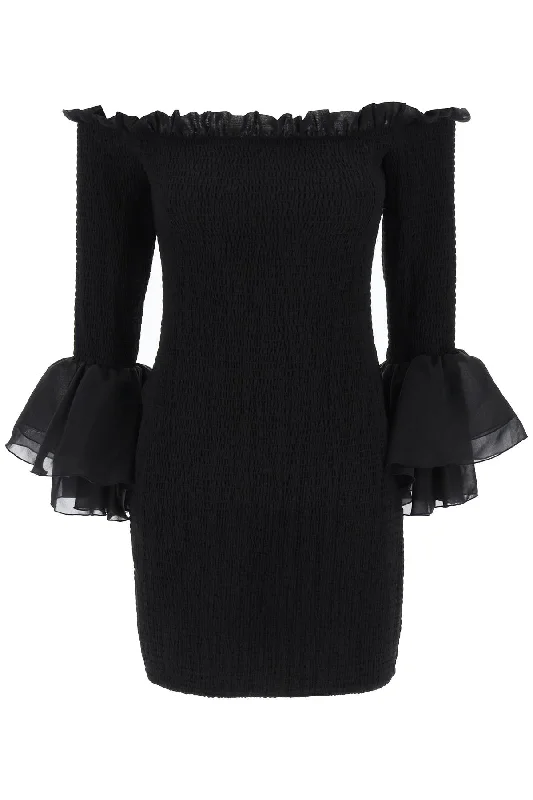 Smocked Mini Dress In Point  - Black Trendy Crossover Mini Dress