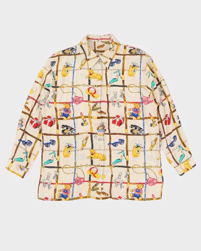 1990s Cream Patterned Silk Blouse - L Textured Cotton Blouse
