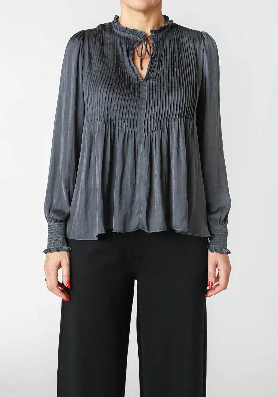 Top - Dex Long Sleeve Pintuck Blouse Oversized Silk Blouse