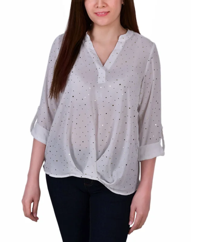 Petite 3/4 Sleeve Metallic Dot Blouse Top Office-Ready Blouse