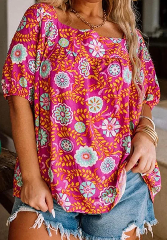Rose Plus Size Floral Print Tie Back Blouse Elegant Office Blouse