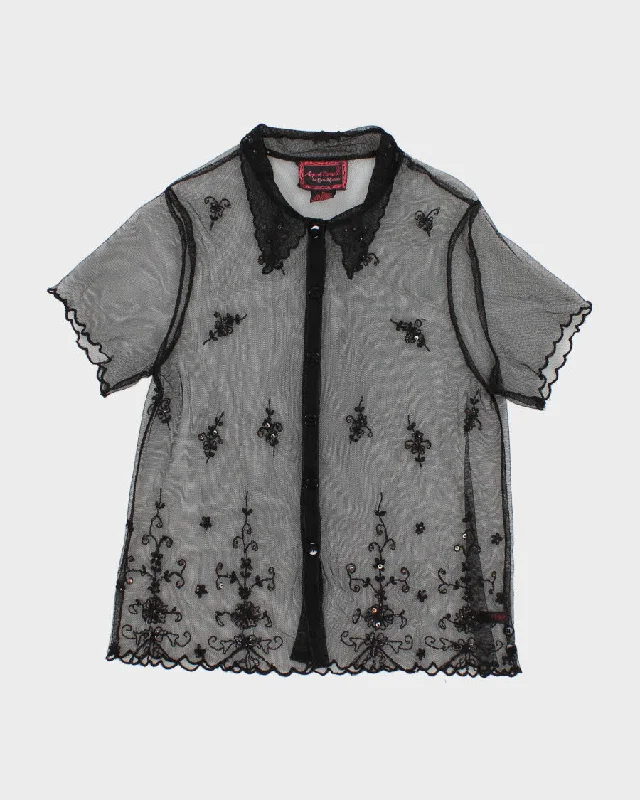 Vintage 90s April Cornell Sequined and Embroidered Mesh Blouse - M Feminine Ruffle Blouse