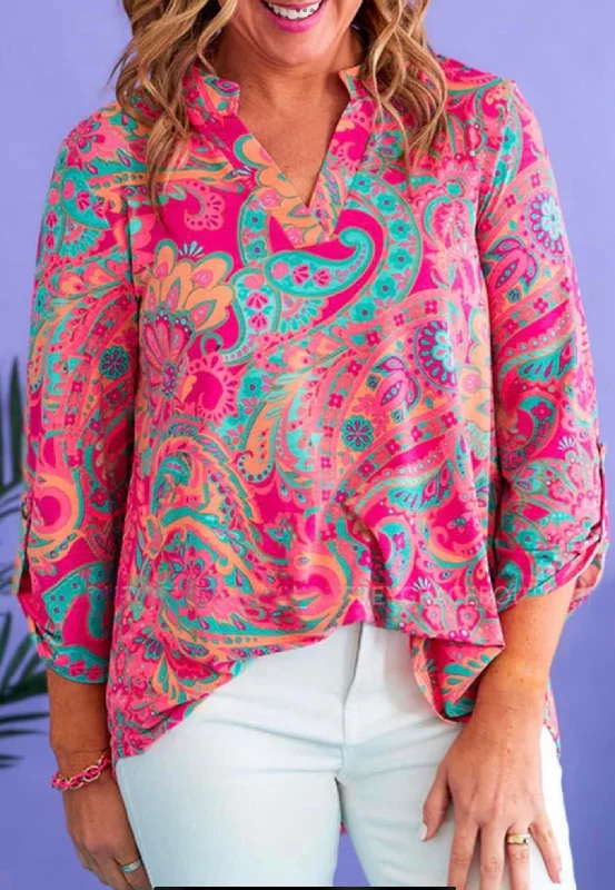 Rose Paisley Print V Neck Roll Tab Sleeve Blouse Elegant Lace Blouse