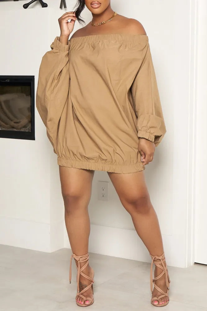 Sexy Khaki Balloon Mini Dress Casual High-Waist Mini Dress