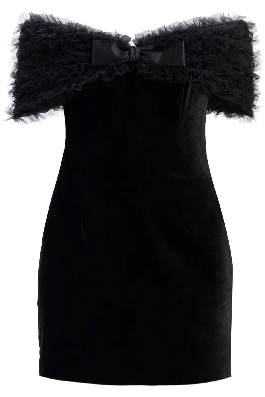 Velvet Off-shoulder Mini Dress  - Black Comfortable One-Shoulder Mini Dress
