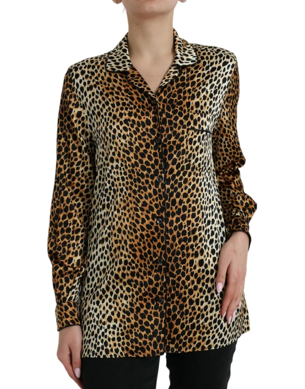 Dolce & Gabbana Elegant Brown Animal Print Silk Women's Blouse Classic White Blouse
