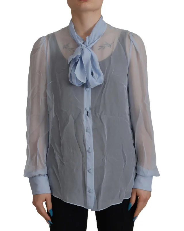Dolce & Gabbana  Women's Tie Neck Silk Blouse - Blue Frilled Cuff Blouse
