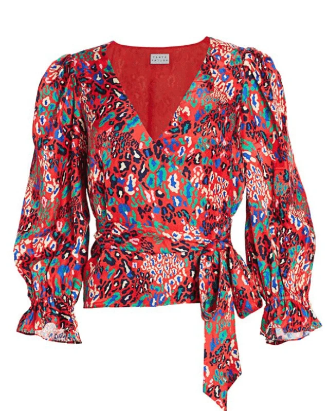 Tanya Taylor-Kaylee Mixed Animal Print Silk Wrap Puff-Sleeve Blouse Relaxed Fit Blouse