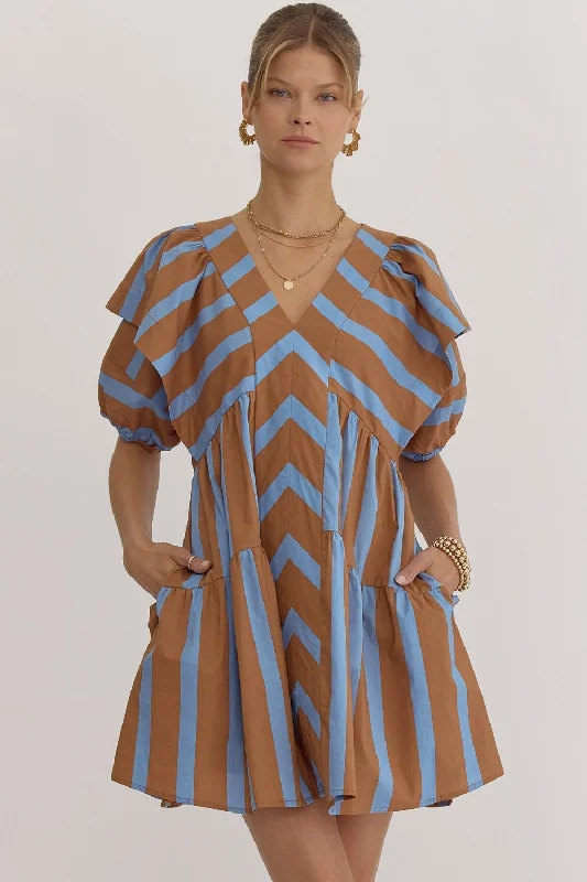 Stripe Flutter Sleeve Mini Dress Trendy Mesh Mini Dress