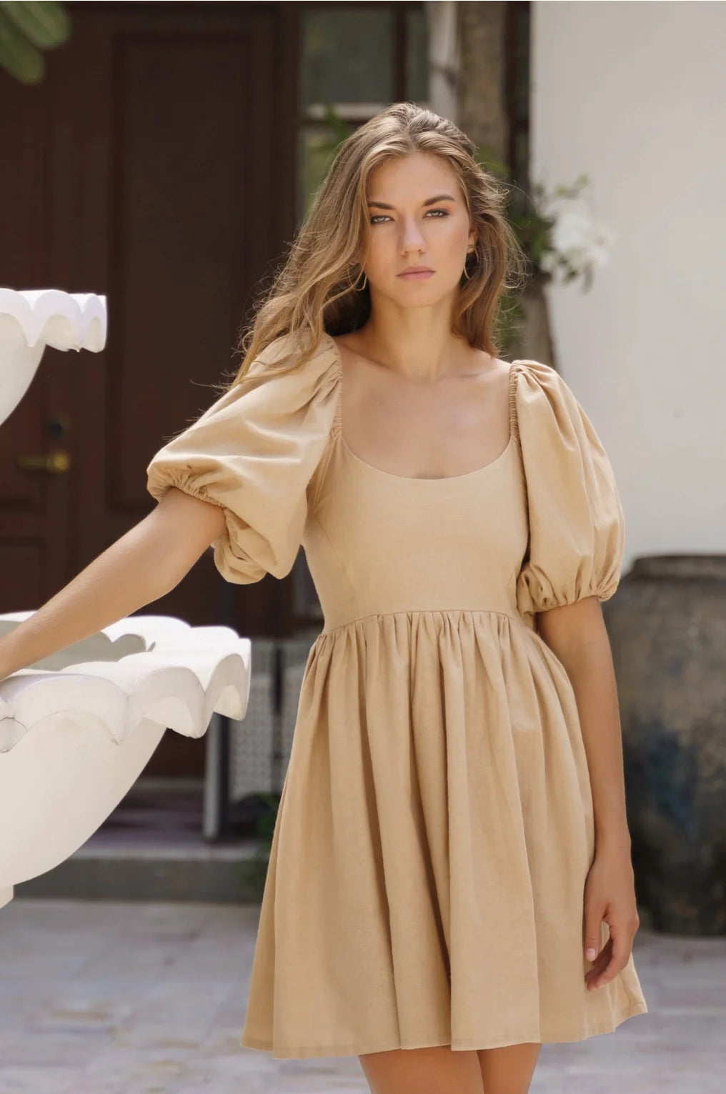 The Strawberry Fields Mini Dress by Bali Elf - Beige Elegant Mini Dress with Ruffles The Strawberry Fields Mini Dress by Bali Elf - Beige Elegant Mini Dress with Ruffles