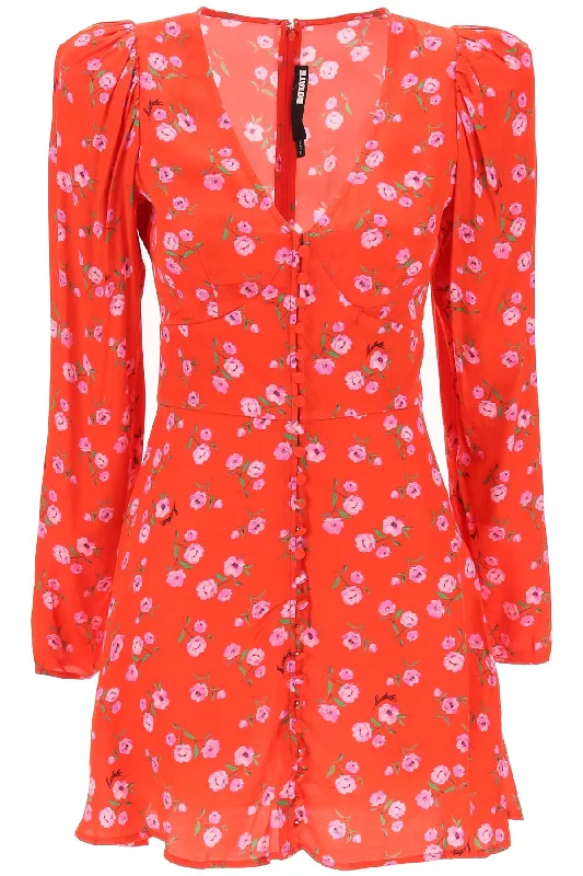 Floral Printed Satin Mini Dress  - Red Comfortable Ruffle Mini Dress