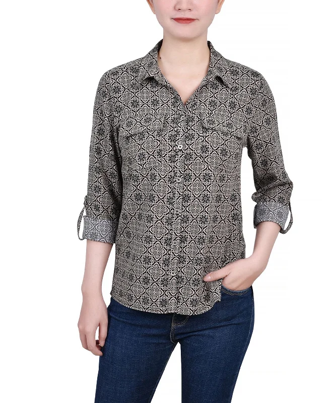 Petite 3/4 Sleeve Roll Tab Notch Collar Blouse Elegant Lace Blouse