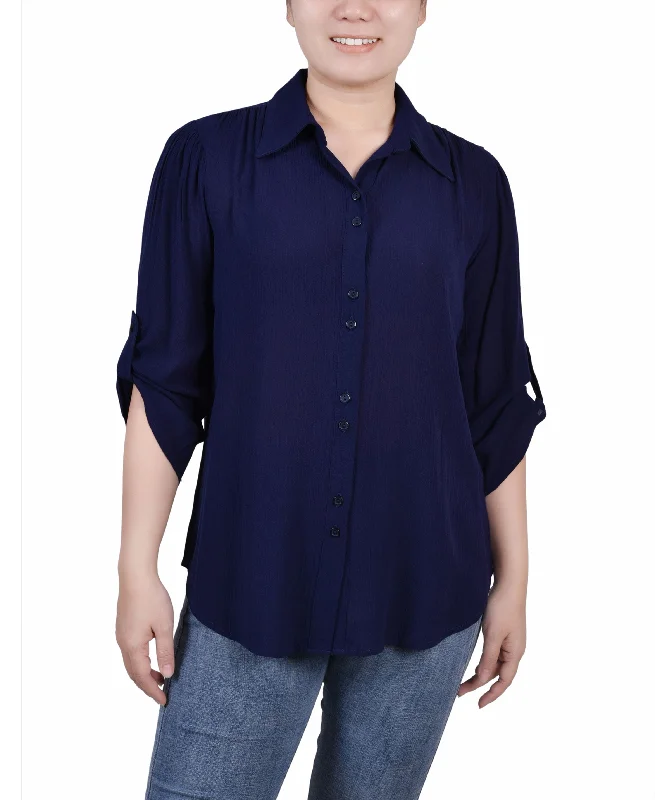 Petite 3/4 Sleeve Crepon Blouse Textured Cotton Blouse