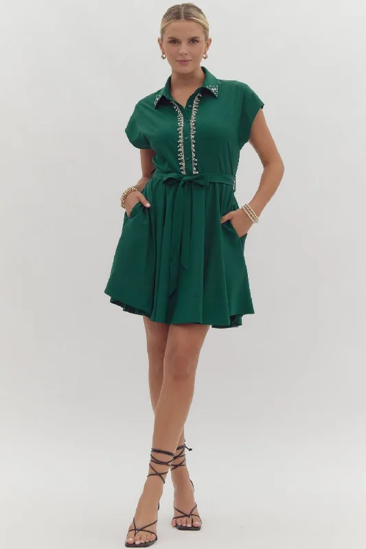 Crystal Embellished Belted Mini Dress Elegant Mini Dress with Pleats