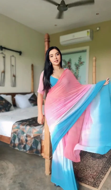 Malishka Export Georgette Silk Printed Ready To Wear Saree With Blouse Piece - Blue Casual Stripe Blouse Malishka Export Georgette Silk Printed Ready To Wear Saree With Blouse Piece - Blue Casual Stripe Blouse