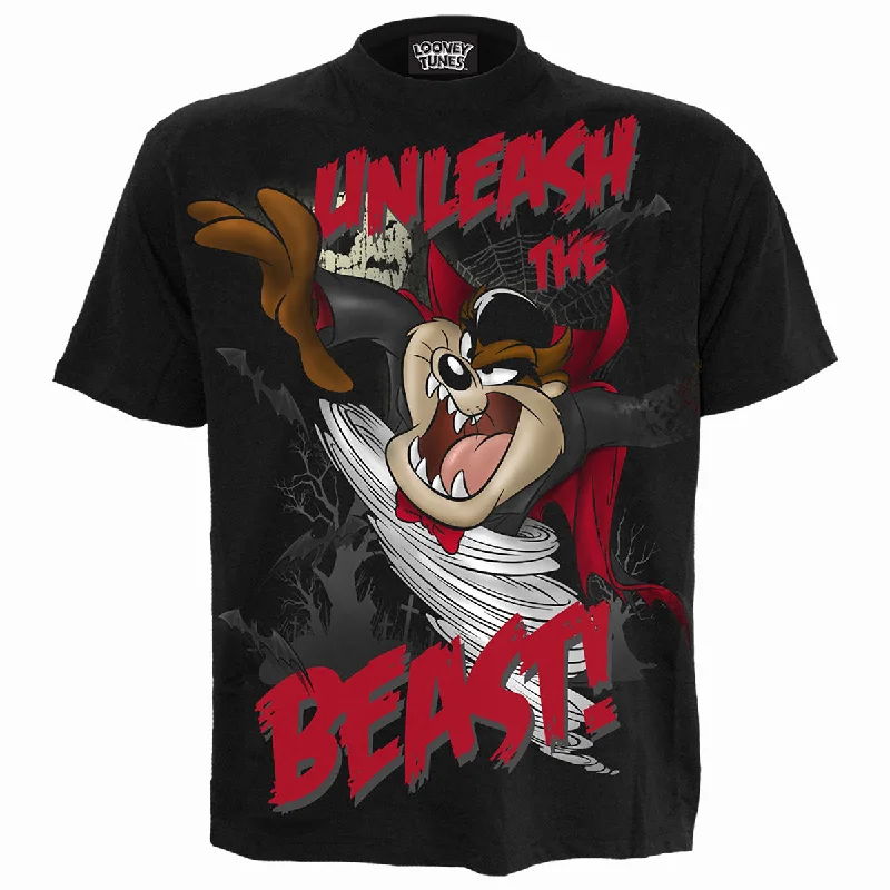 TAZ - UNLEASH THE BEAST - Front Print T-Shirt Black-- Embroidered Appliqued Beaded