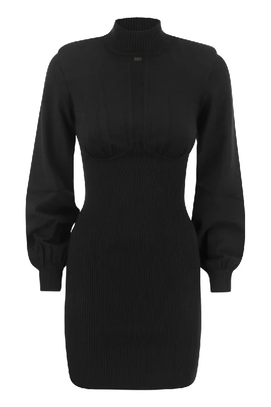 Ribbed mini dress with high neck and cups Fashionable Off-Shoulder Mini Dress