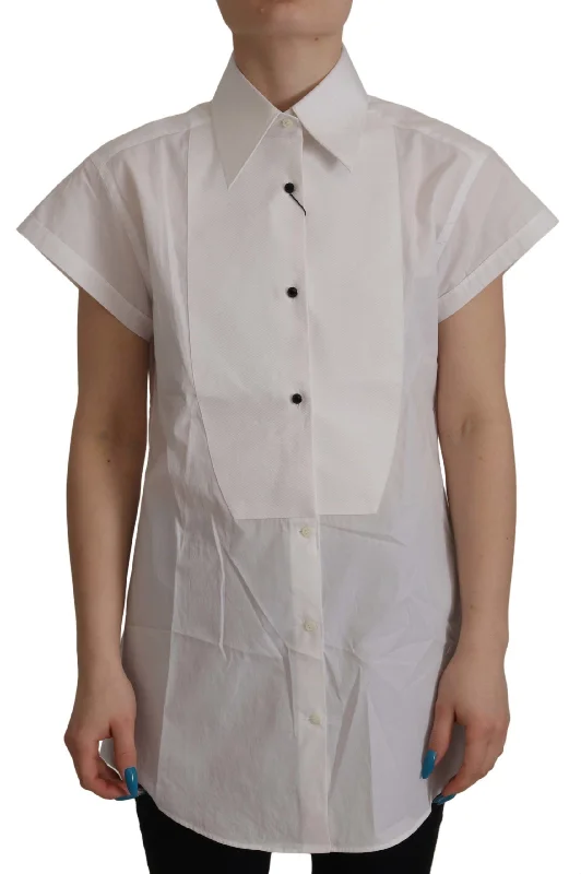 Dolce & Gabbana Elegant Sleeveless Tuxedo Blouse with Crystal Women's Buttons Feminine Satin Blouse