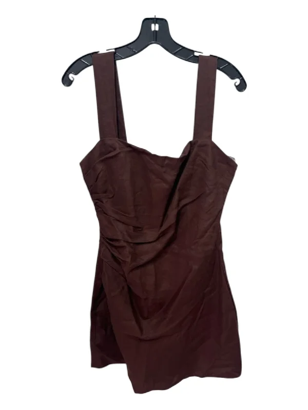 Reformation Size 8 Brown Linen Back Zip Ruched Mini Dress Cozy Cowl Neck Mini Dress