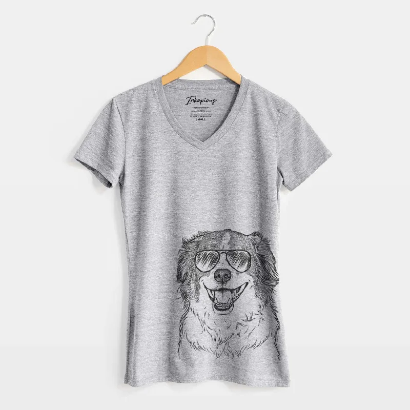 Aviator Belle the Australian Shepherd Mix - Women's V-neck Shirt-- Elasticated Padded Insulated Aviator Belle the Australian Shepherd Mix - Women's V-neck Shirt-- Elasticated Padded Insulated