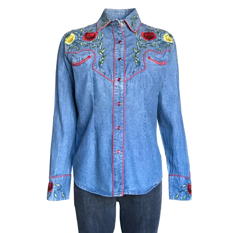 Rockmount Womens Denim 100% Cotton Vintage Floral Embroidery L/S Shirt-- Mesh Canvas Denim Rockmount Womens Denim 100% Cotton Vintage Floral Embroidery L/S Shirt-- Mesh Canvas Denim