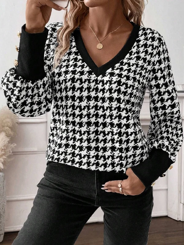 Houndstooth V-Neck Long Sleeve T-Shirt-- Anti-Pilling Machine Wash Handmade