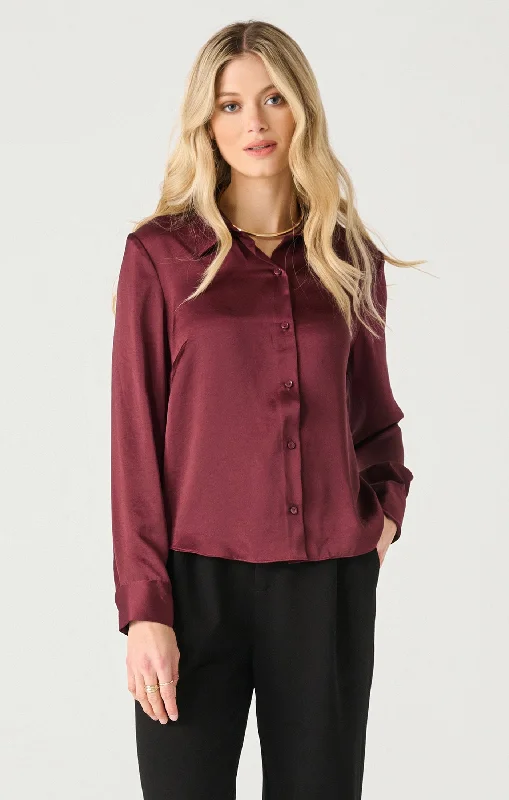 Top - Dex Long Sleeve Flowy Satin Blouse Semi-Sheer Blouse
