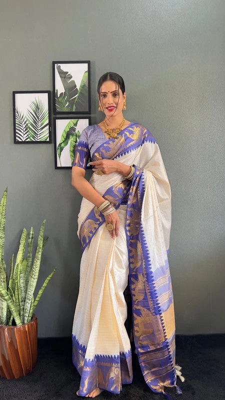 Malishka Export Kanjivaram Woven Ready To Wear Saree With Blouse Piece - White-Blue Mandarin Collar Blouse Malishka Export Kanjivaram Woven Ready To Wear Saree With Blouse Piece - White-Blue Mandarin Collar Blouse