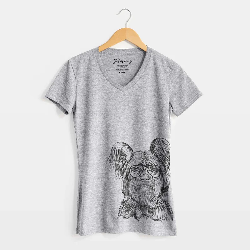 Aviator Bandit the Skye Terrier - Women's V-neck Shirt-- Striped Floral Plaid