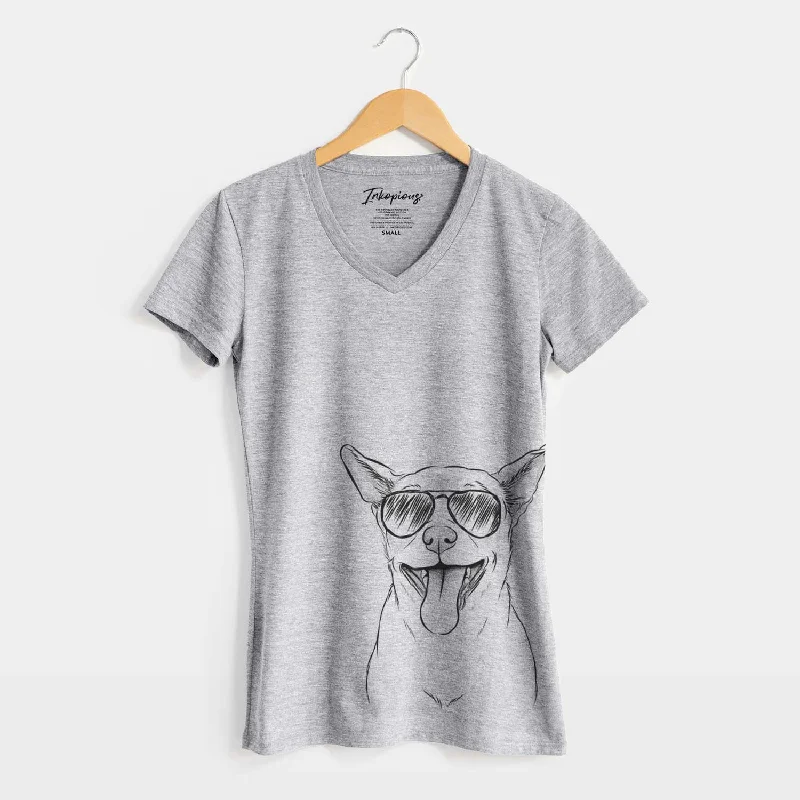 Aviator Archie the Chihuahua Mix - Women's V-neck Shirt-- Chenille Blend Fleece Blend Nylon Blend Aviator Archie the Chihuahua Mix - Women's V-neck Shirt-- Chenille Blend Fleece Blend Nylon Blend