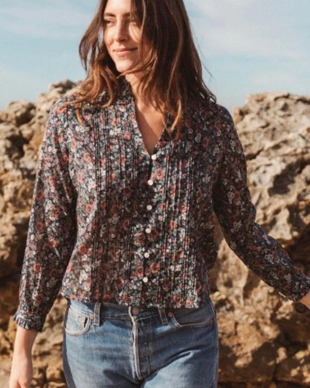 "Finley Pintuck" Blouse in "Woodland Floral" Lightweight Linen Blouse