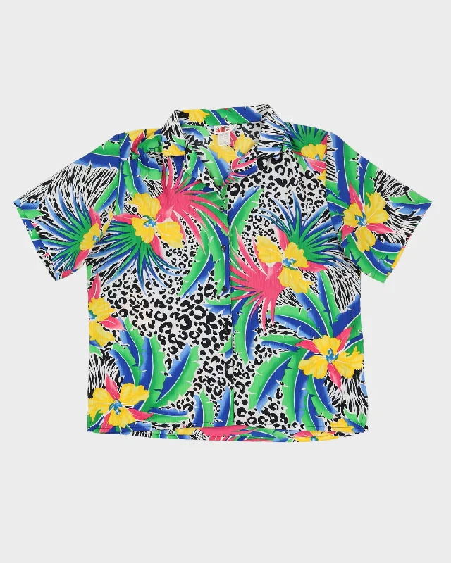 Vintage Blue Hawaiian Patterned Blouse - L Feminine Ruffle Blouse