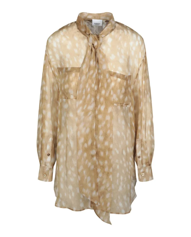 Burberry Womens Tied Deer-Printed Silk Blouse Loose Oversized Blouse