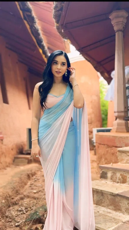 Malishka Export Georgette Silk Printed Ready To Wear Saree With Blouse Piece - Sky Silky Tunic Blouse Malishka Export Georgette Silk Printed Ready To Wear Saree With Blouse Piece - Sky Silky Tunic Blouse
