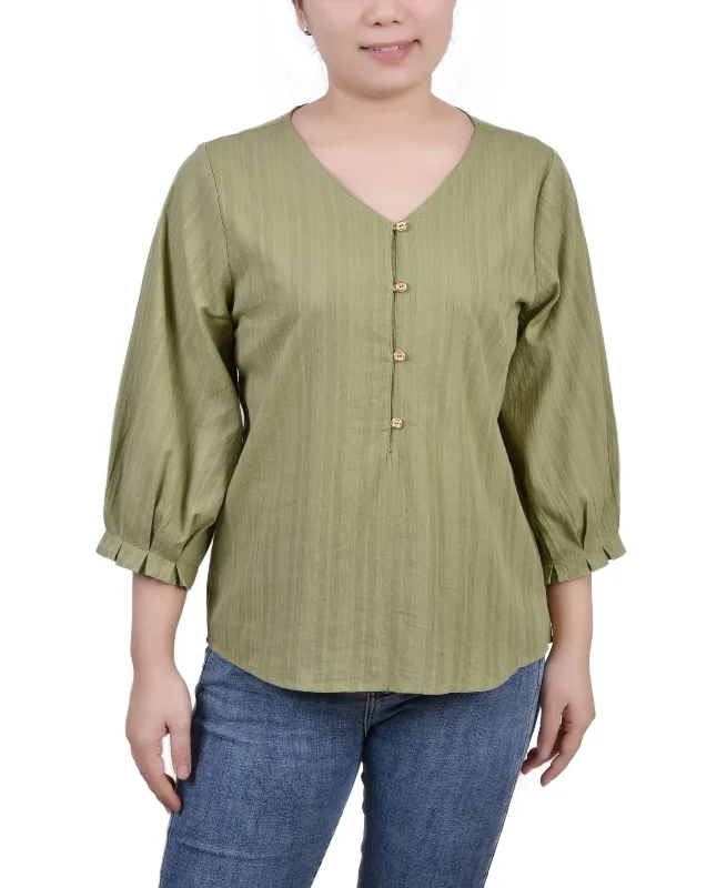 Petite Size 3/4 Sleeve Button Placket Jacquard Blouse Lightweight Floral Blouse