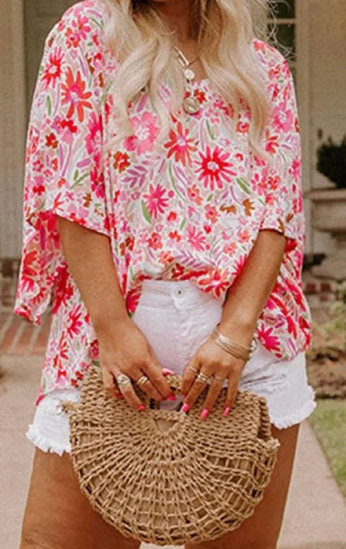 Pink Floral Ruffled Half Sleeve V-Neck  Blouse Relaxed Fit Blouse