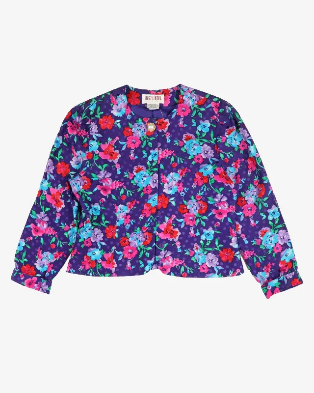 1990s purple floral silk patterned blouse - S Feminine Ruffle Blouse