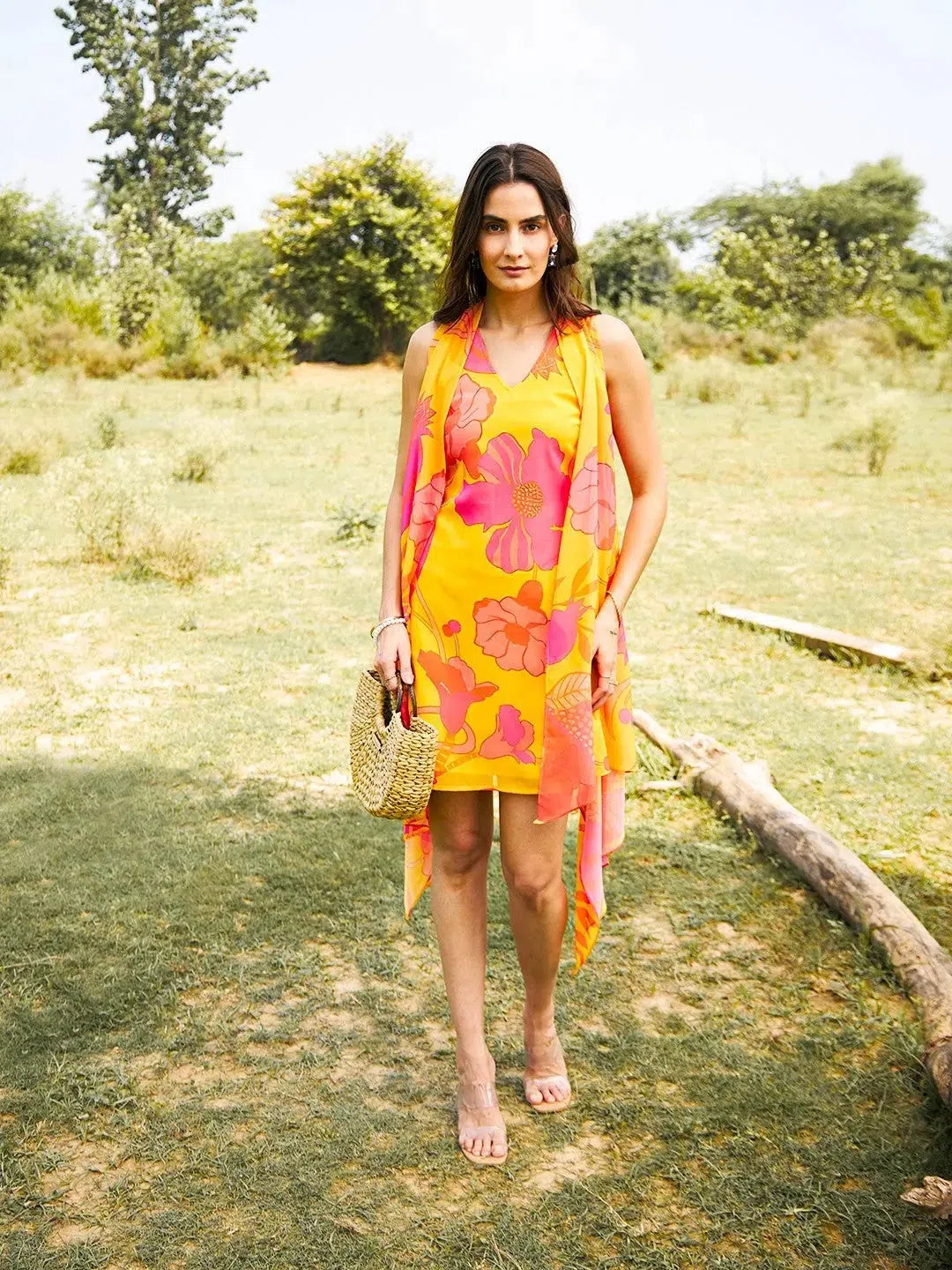 Draped Shrug Mini Dress in Yellow Print Cozy Sweater Mini Dress