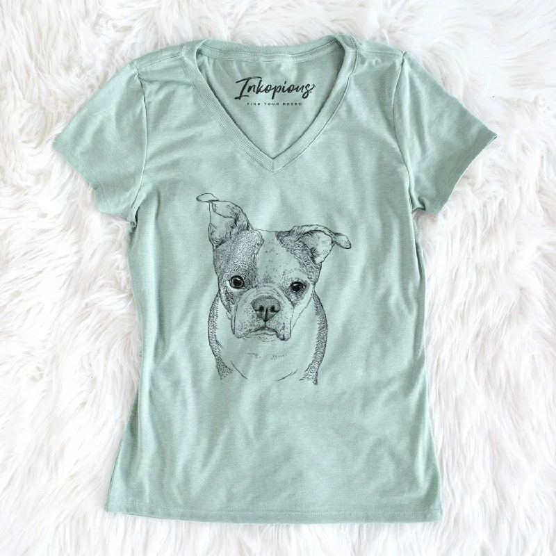 Bare Bandit the Boston Terrier - Women's V-neck Shirt-- Notch Collar Peter Pan Collar Cowl Neck Bare Bandit the Boston Terrier - Women's V-neck Shirt-- Notch Collar Peter Pan Collar Cowl Neck