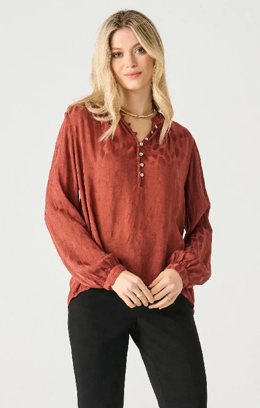 Top - Dex Long Sleeve Half Placket Jacquard Blouse High Neck Blouse