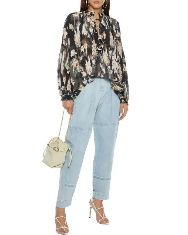 Senk Printed Silk Crepe De Chine Blouse - Black Semi-Sheer Blouse