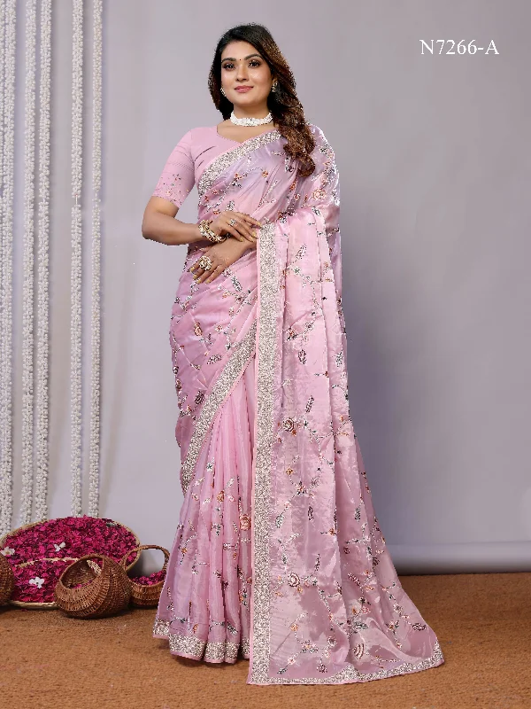 Pink Satin Silk Embroidered Saree With Stitched Blouse - Nimaya Kaksha Sleeveless Summer Blouse Pink Satin Silk Embroidered Saree With Stitched Blouse - Nimaya Kaksha Sleeveless Summer Blouse