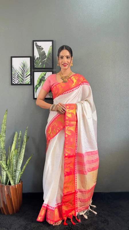 Malishka Export Kanjivaram Woven Ready To Wear Saree With Blouse Piece - White-Red Floral Chiffon Blouse Malishka Export Kanjivaram Woven Ready To Wear Saree With Blouse Piece - White-Red Floral Chiffon Blouse