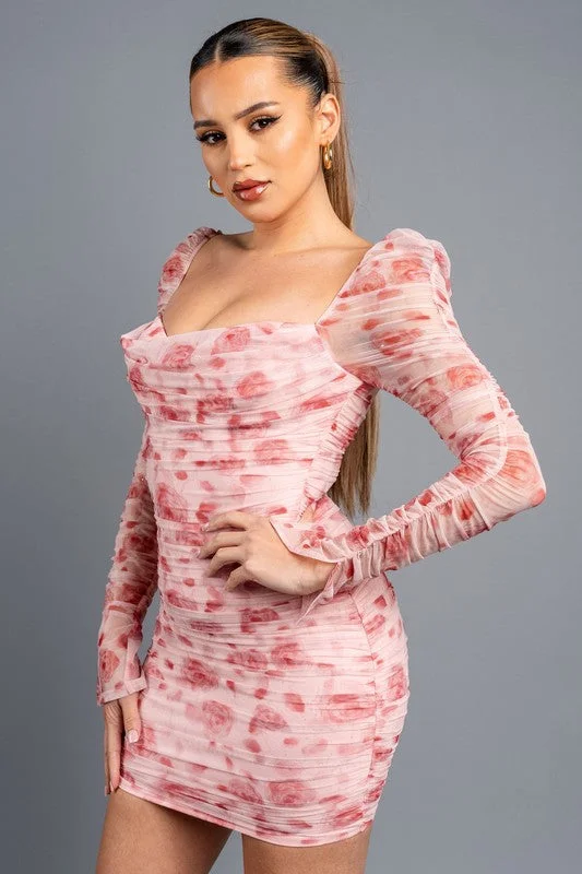 Romance Floral Glitter Ruch Mini Dress Chic Halter Mini Dress