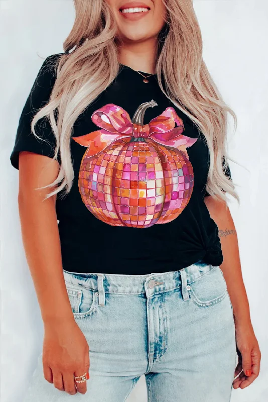 Black Bow Pumpkin Graphic Crewneck Thanksgiving T Shirt-- Cozy Warm Stylish