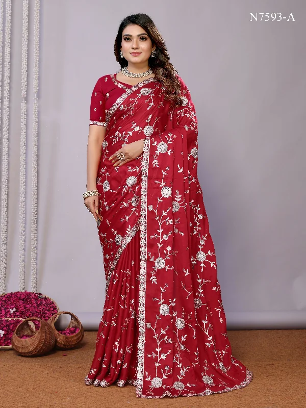 Red Pure Satin Embroidered Saree With Stitched Blouse - Nimaya Kaksha Satin Long Blouse Red Pure Satin Embroidered Saree With Stitched Blouse - Nimaya Kaksha Satin Long Blouse
