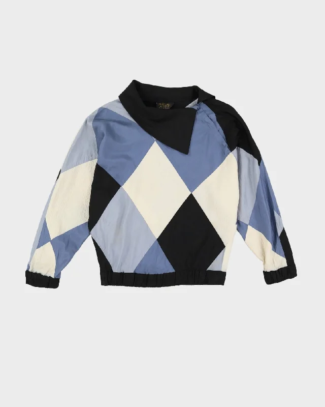 1990s Blue Harlequin Patterned Silk Blouse - M Wrap Front Blouse