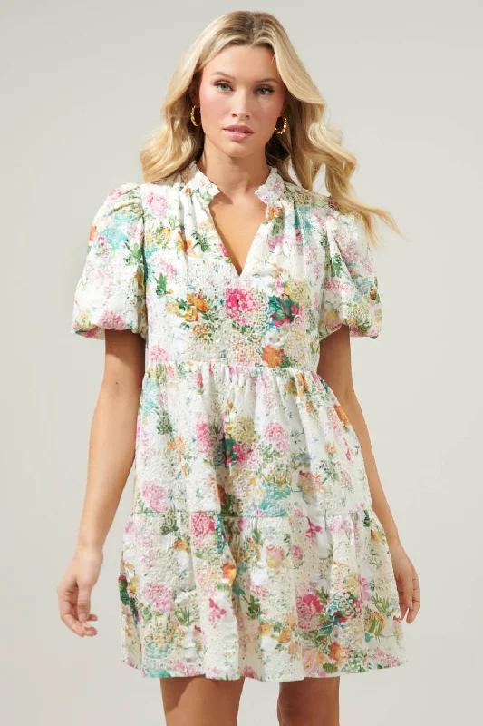 Sugarlips - Sommerset Floral Jacey Babydoll Eyelet Mini Dress Casual High-Waist Mini Dress